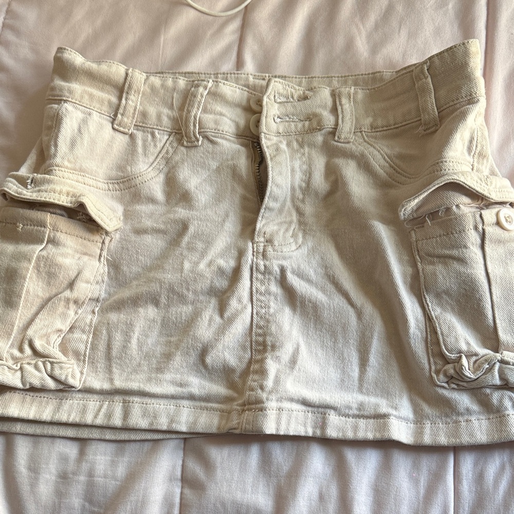 Beige Denim Mini Skirt with Side Pockets